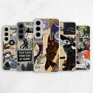 May include: Five phone cases with collage designs. Each case features a unique design with images of cryptids, vintage newspaper clippings, and the text "TEEN TAKEN FROM TENT BY ALIENS". The cases have a clear, protective finish.