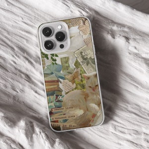 iPhone 15 Pro Max 14 Plus 13 12 11 clear case with Cottagecore Aesthetic scrap design on it, there are total of five options to choose from. Nature and Cottage core, scrapbook, bookscrap, vintage newspaper, cat, flowers, mushrooms, witchy artwork.