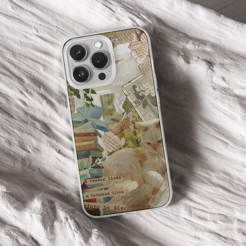 iPhone 15 Pro Max 14 Plus 13 12 11 clear case with Cottagecore Aesthetic scrap design on it, there are total of five options to choose from. Nature and Cottage core, scrapbook, bookscrap, vintage newspaper, cat, flowers, mushrooms, witchy artwork.