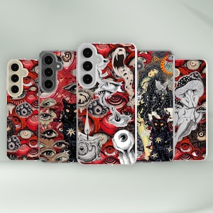 Puede incluir: Conjunto de seis fundas para tel&eacute;fono con un dise&ntilde;o psicod&eacute;lico con ojos rojos, negros y blancos, hongos y otras formas abstractas.