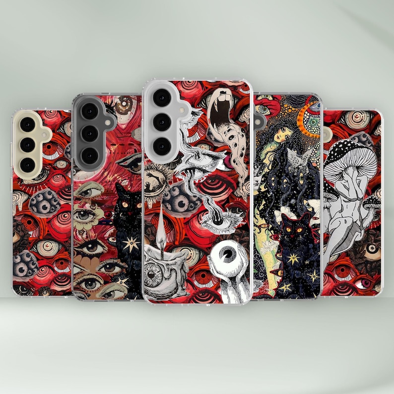 Puede incluir: Conjunto de seis fundas para tel&eacute;fono con un dise&ntilde;o psicod&eacute;lico con ojos rojos, negros y blancos, hongos y otras formas abstractas.