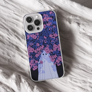 iPhone 15 Pro Max 14 Plus13 12 11 clear case with Ghost Halloween design on it, there are total of five options to choose from. Aesthetic spooky Halloween, flowers red and violet, camping ghosts, horror and goth artworks are depicted.