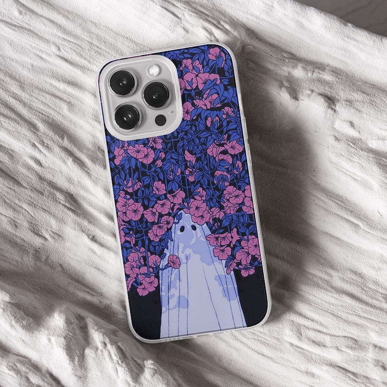 iPhone 15 Pro Max 14 Plus13 12 11 clear case with Ghost Halloween design on it, there are total of five options to choose from. Aesthetic spooky Halloween, flowers red and violet, camping ghosts, horror and goth artworks are depicted.