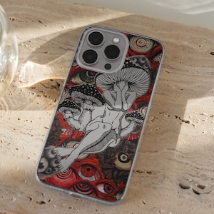 iPhone 15 Pro Max 14 Plus 13 12 11 clear case with Horror Grunge eyes design on it, there are total of five phone cover options to choose from. Halloween, spooky, black cat, mushroom, gothic artworks cover are depicted.