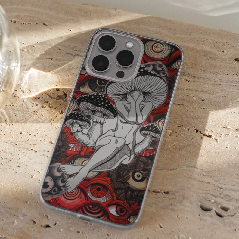 iPhone 15 Pro Max 14 Plus 13 12 11 clear case with Horror Grunge eyes design on it, there are total of five phone cover options to choose from. Halloween, spooky, black cat, mushroom, gothic artworks cover are depicted.