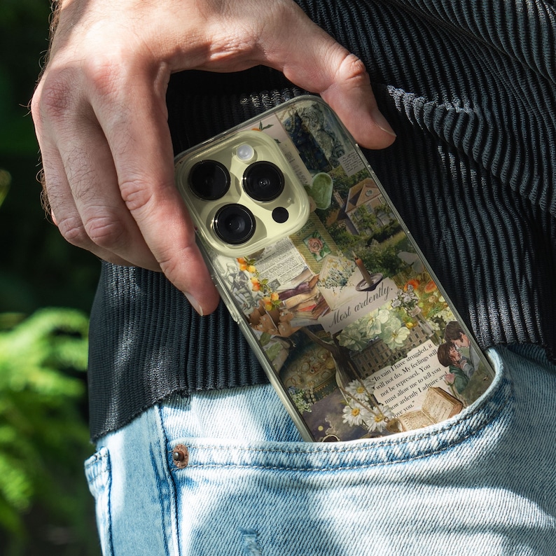 iPhone 15 Pro Max 14 Plus 13 12 11 clear case with Cottagecore Aesthetic scrap design on it, there are total of five options to choose from. Nature and Cottage core, scrapbook, bookscrap, vintage newspaper, cat, flowers, mushrooms, witchy artwork.