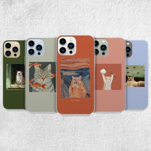 Aesthetic Cat Phone Case - Cute Kitty Funny Art Meme Cover fit for iPhone 16 Pro Max 15 14 13 12 11 Plus, Samsung S24 Ultra S23 S22 S21 S20