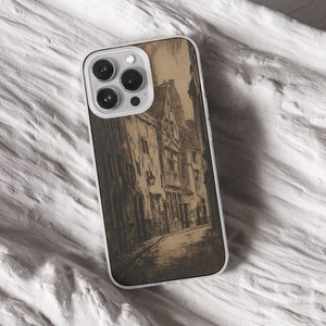 iPhone 15 Pro Max 14 Plus 13 12 11 clear case with Dark academia design on it, there are total of five phone cover options to choose from. Gothic, book lover, darkcore, castle, dark aesthetic, clouds and old aesthetic artwork depicted.