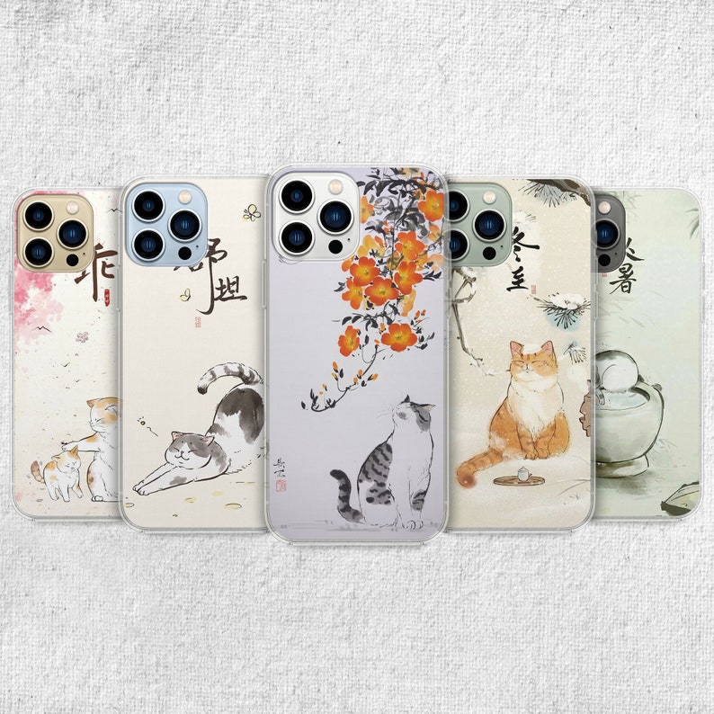 iPhone 15 Pro Max 14 Plus 13 12 11 clear case with Aesthetic cat design on it, there are total of five phone cover options to choose from. Funny kitty, cute pet animal, feline, flowers, japanese style, adorable artwork cover are depicted.
