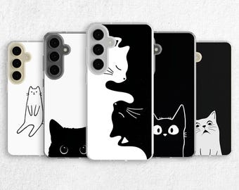 Funny Cat Phone Case for Samsung - Black and White Cute Kitty fit Cover for S25 Ultra S24 Plus S23 S22 S21 FE Galaxy Note 20 A55 A16 A15 A56