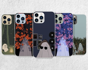 May include: Five different iPhone cases with various designs. The cases feature a ghost, flowers, and a forest scene. The cases are all black and white.