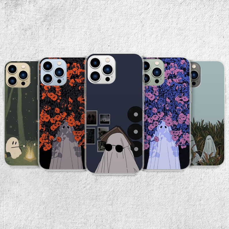 iPhone 15 Pro Max 14 Plus13 12 11 clear case with Ghost Halloween design on it, there are total of five options to choose from. Aesthetic spooky Halloween, flowers red and violet, camping ghosts, horror and goth artworks are depicted.