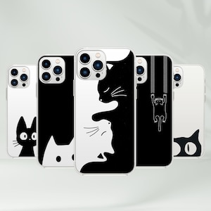 Black Cat Phone Case - White Aesthetic Cat Art Cover fit for iPhone 16 Pro Max 15 14 13 12 11 Plus, Samsung S25 Ultra S24 S23 S22 S21 S20