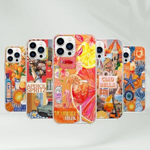 May include: A collection of five phone cases with vibrant, summery designs. Each case features a unique collage of illustrations, including cocktails, citrus fruits, and travel-themed imagery. The cases have clear borders and are designed for a smartphone.