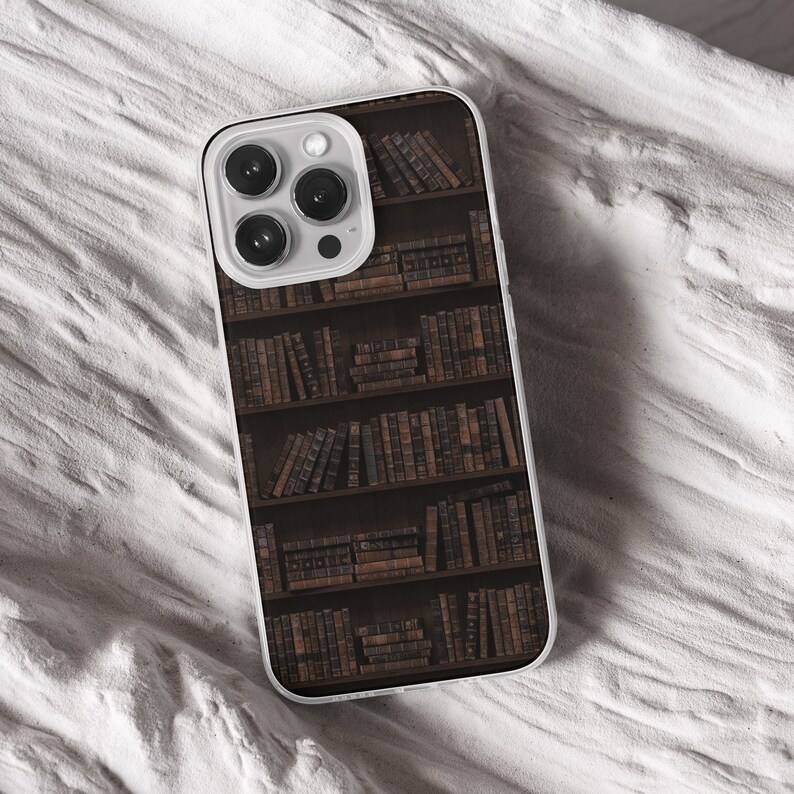 iPhone 15 Pro Max 14 Plus 13 12 11 clear case with Dark academia design on it, there are total of five phone cover options to choose from. Gothic, book lover, darkcore, castle, dark aesthetic, clouds and old aesthetic artwork depicted.