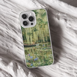 iPhone 15 14 13 12 11 clear case with Nature and Cottage core design on it, there are total of five options to choose from. Aesthetic flowers, river, plains, book lover artwork are depicted.
