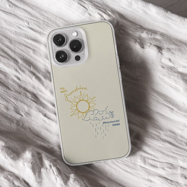 iPhone 15 Pro Max 14 Plus 13 12 11 clear case with Taylor Swift aesthetic design on it, there are total of five phone cover options to choose from. Music Song lyrics, Midnights, Folklore, pastel, evermore, 1989 cover artworks are depicted.