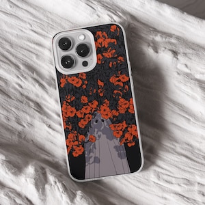 iPhone 15 Pro Max 14 Plus13 12 11 clear case with Ghost Halloween design on it, there are total of five options to choose from. Aesthetic spooky Halloween, flowers red and violet, camping ghosts, horror and goth artworks are depicted.