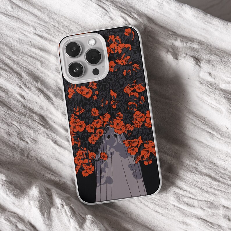 iPhone 15 Pro Max 14 Plus13 12 11 clear case with Ghost Halloween design on it, there are total of five options to choose from. Aesthetic spooky Halloween, flowers red and violet, camping ghosts, horror and goth artworks are depicted.