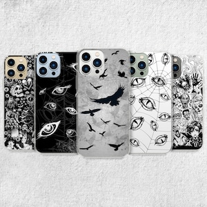 May include: Five different phone cases with various black and white designs. The designs include a spiderweb with eyes, crows, and a skull with eyes.