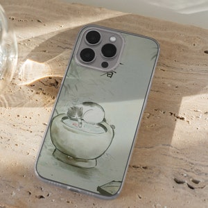 iPhone 15 Pro Max 14 Plus 13 12 11 clear case with Aesthetic cat design on it, there are total of five phone cover options to choose from. Funny kitty, cute pet animal, feline, flowers, japanese style, adorable artwork cover are depicted.