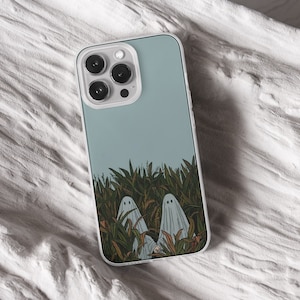 iPhone 15 Pro Max 14 Plus13 12 11 clear case with Ghost Halloween design on it, there are total of five options to choose from. Aesthetic spooky Halloween, flowers red and violet, camping ghosts, horror and goth artworks are depicted.