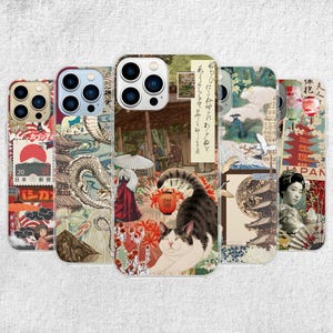 Japanese Scrapbook Phone Case - Vintage Cat Dragon Art Cover for iPhone, Samsung and Google Pixel