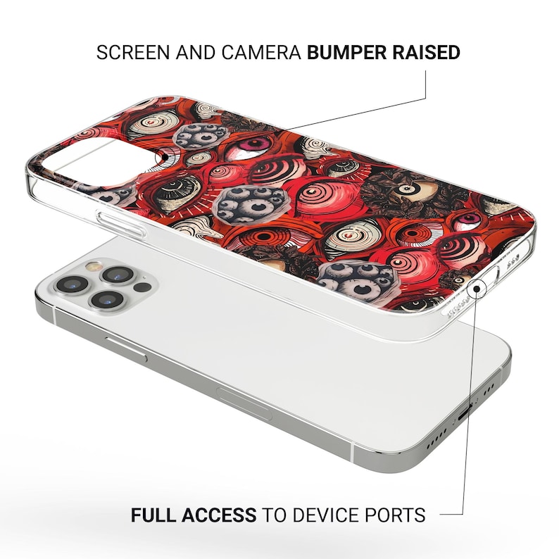 Puede incluir: Una funda transparente para tel&eacute;fono con un patr&oacute;n de ojos rojo, blanco y negro. La funda est&aacute; dise&ntilde;ada para proteger la pantalla y la c&aacute;mara del tel&eacute;fono. "SCREEN AND CAMERA BUMPER RAISED" y "FULL ACCESS TO DEVICE PORTS" est&aacute;n escritos en la imagen.