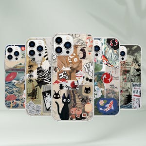 Mood Board Phone Case - Japan Cat Vintage Art Cover for iPhone 16 Pro Max 15 14 13 12 11 Plus, Samsung S25 Ultra S24 S23 S22 S21