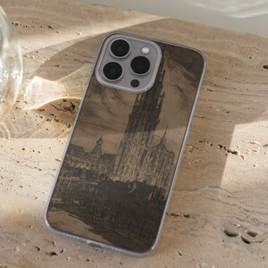 iPhone 15 Pro Max 14 Plus 13 12 11 clear case with Dark academia design on it, there are total of five phone cover options to choose from. Gothic, book lover, darkcore, castle, dark aesthetic, clouds and old aesthetic artwork depicted.