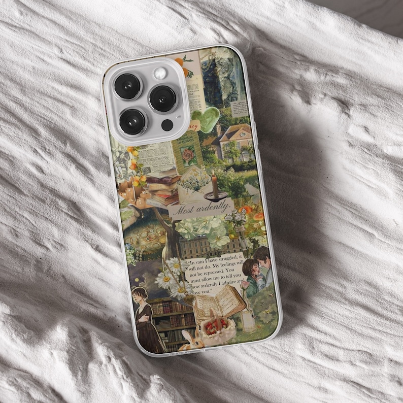 iPhone 15 Pro Max 14 Plus 13 12 11 clear case with Cottagecore Aesthetic scrap design on it, there are total of five options to choose from. Nature and Cottage core, scrapbook, bookscrap, vintage newspaper, cat, flowers, mushrooms, witchy artwork.