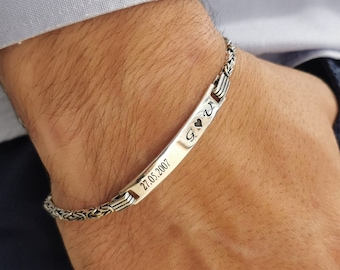 Mens ID Bracelet • 925 Silver Byzantine Chain • Engraved Bar Bracelet • Custom Man Bracelet • Name Bracelet • Personalization Christmas Gift