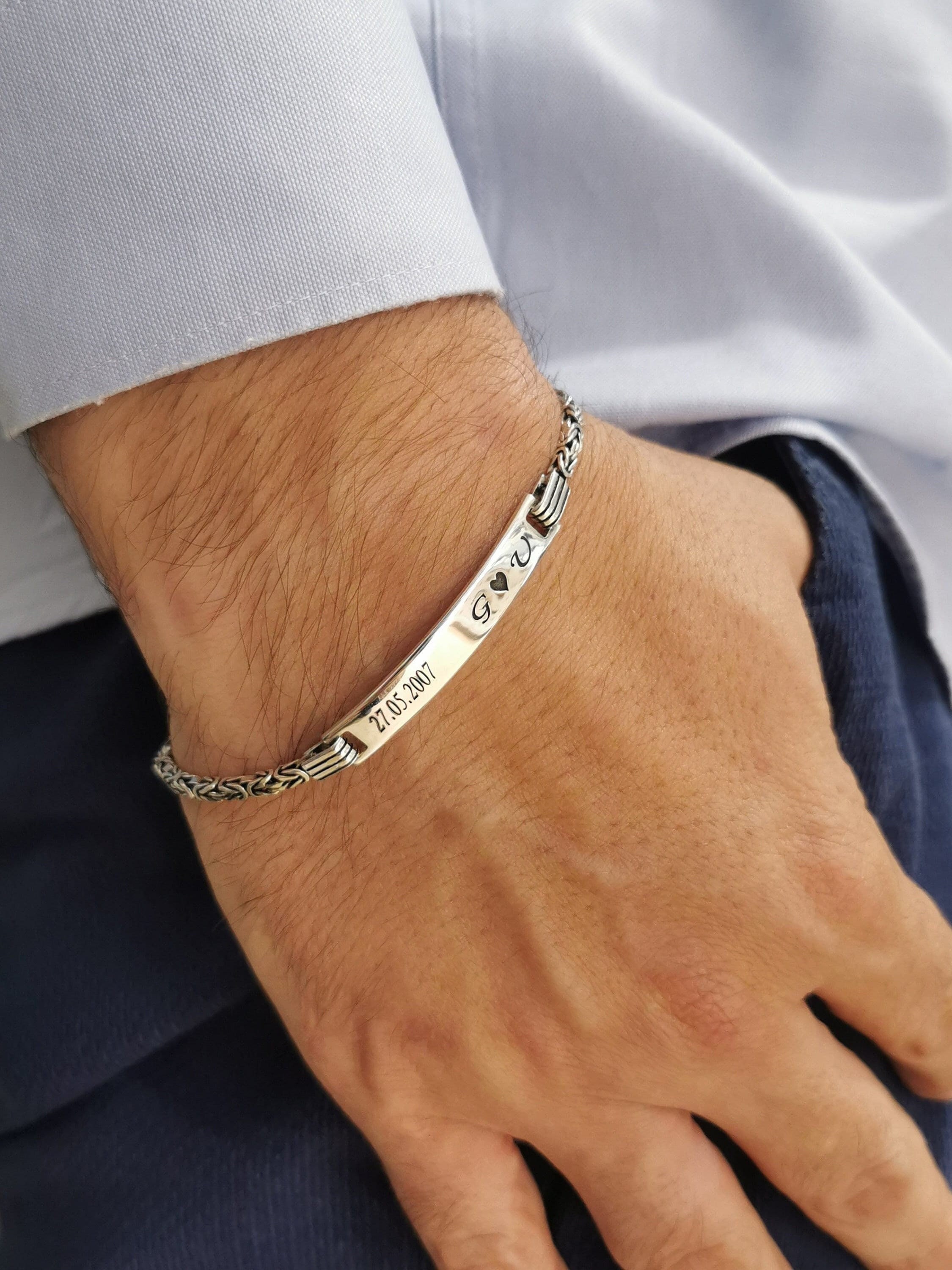 Mens ID Bracelet • 925 Silver Byzantine Chain • Engraved Bar Mens ID Bracelet • 925 Silver Byzantine Chain • Engraved Bar