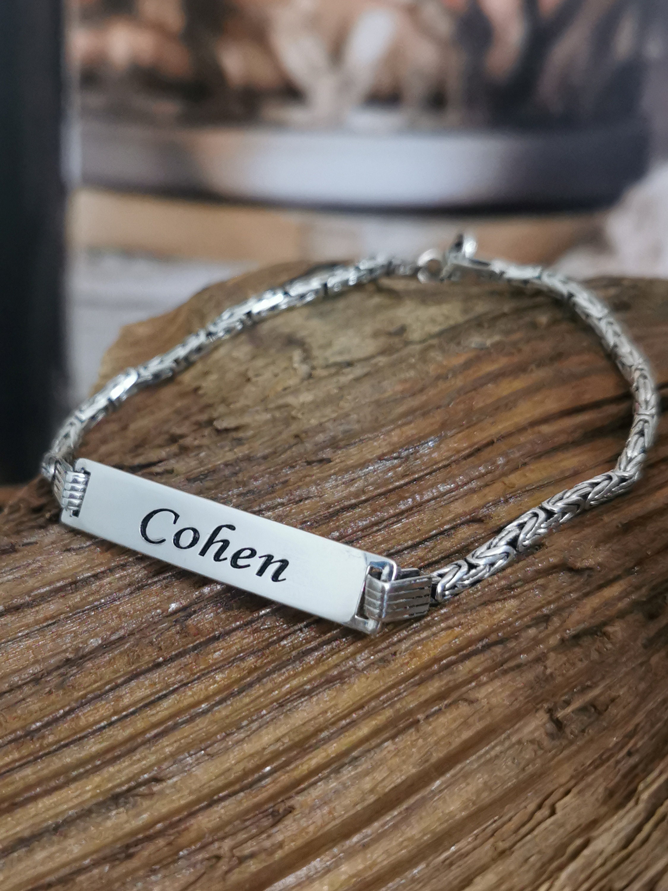 Mens ID Bracelet • 925 Silver Byzantine Chain • Engraved Bar Mens ID Bracelet • 925 Silver Byzantine Chain • Engraved Bar