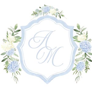 Blue Watercolor Floral Hydrangea Wedding Crest Logo, Editable Modern Wedding Invitation Suite, Canva Template