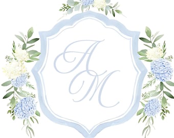 Blauwe aquarel bloemen hortensia bruiloft embleem, bewerkbare moderne bruiloft uitnodigingssuite, canvas sjabloon