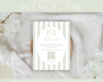 Green Watercolor Floral Hydrangea Wedding Invitations Details Card, Editable Modern Wedding Invitation Suite, Canva Template 4.5 x 5.5 in