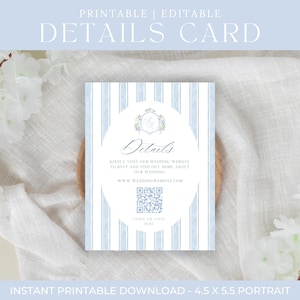 Blue Watercolor Floral Hydrangea Wedding Invitations Details Card, Editable Modern Wedding Invitation Suite, Canva Template 4.5 x 5.5 in