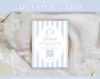 Blue Watercolor Floral Hydrangea Wedding Invitations Details Card, Editable Modern Wedding Invitation Suite, Canva Template 4.5 x 5.5 in