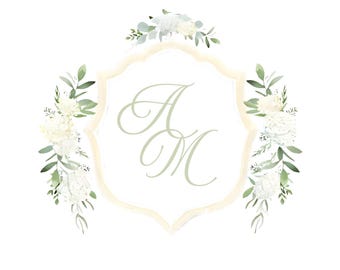 Green Watercolor Floral Hydrangea Wedding Crest Logo, Editable Modern Wedding Invitation Suite, Canva Template