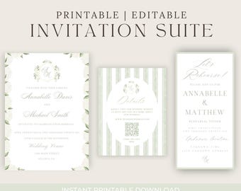 Green Watercolor Floral Hydrangea Wedding Full Invitations Suite, Editable Modern Wedding Invitation Suite, Canva Template