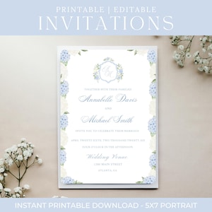 Blue Floral Hydrangea Wedding Invitations with Watercolor Crest, Editable Modern Wedding Invitations, Canva Template Front and Back 5x7