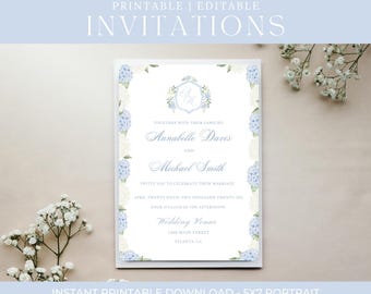 Blue Floral Hydrangea Wedding Invitations with Watercolor Crest, Editable Modern Wedding Invitations, Canva Template Front and Back 5x7