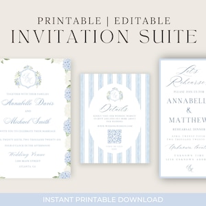 Blue Watercolor Floral Hydrangea Wedding Full Invitations Suite, Editable Modern Wedding Invitation Suite, Canva Template