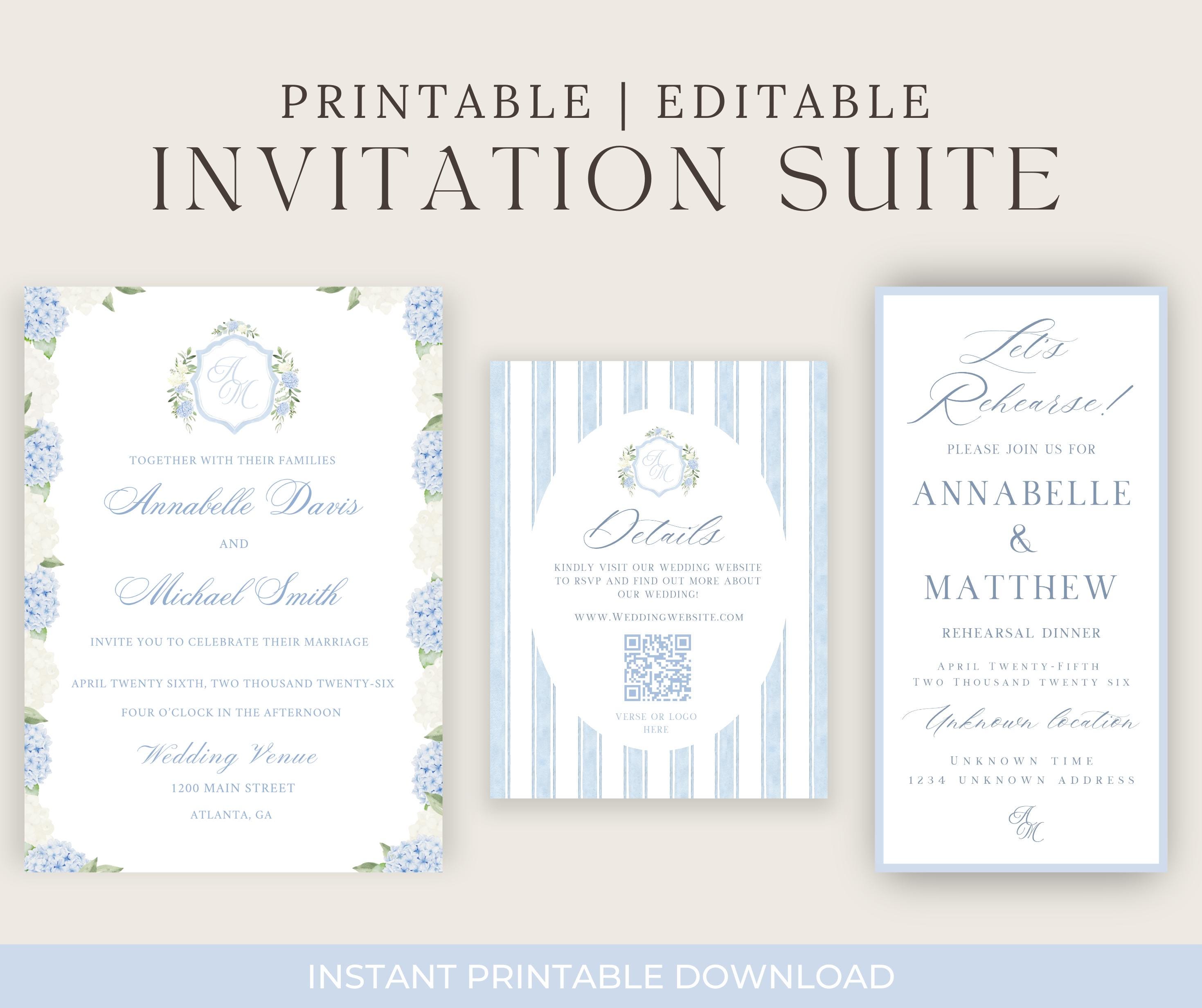 Blue Watercolor Floral Hydrangea Wedding Full Invitations Suite, Editable Modern Wedding Invitation Suite, Canva Template