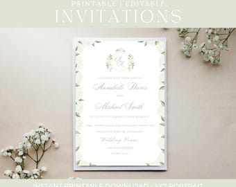 Green Watercolor Floral Hydrangea Wedding Invitations, Editable Modern Wedding Invitation Suite, Canva Template 5 x 7 in
