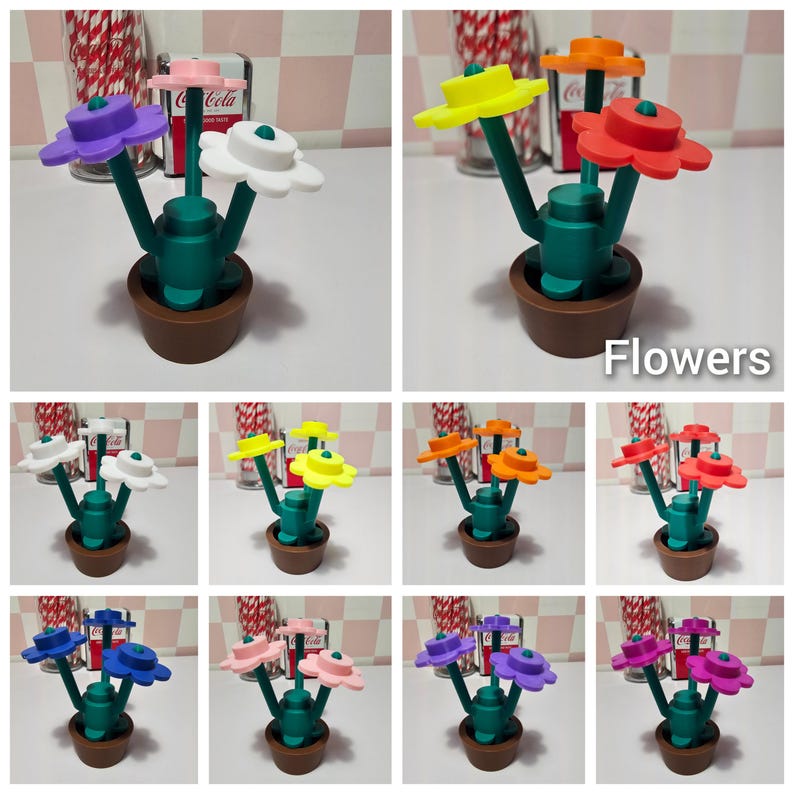 Puede incluir: Un conjunto de diez arreglos florales coloridos, cada uno con tres flores. Las flores est&aacute;n hechas de pl&aacute;stico y tienen un dise&ntilde;o retro y caprichoso. Las flores est&aacute;n dispuestas en una maceta marr&oacute;n con un tallo verde. Las flores son de varios colores, incluyendo morado, amarillo, naranja, rojo y blanco. La imagen est&aacute; titulada "Flores".