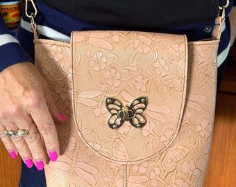 Butterfly and Dragonfly handmade embossed vegan leather multi-pocket crossbody bag. Free shipping in USA.