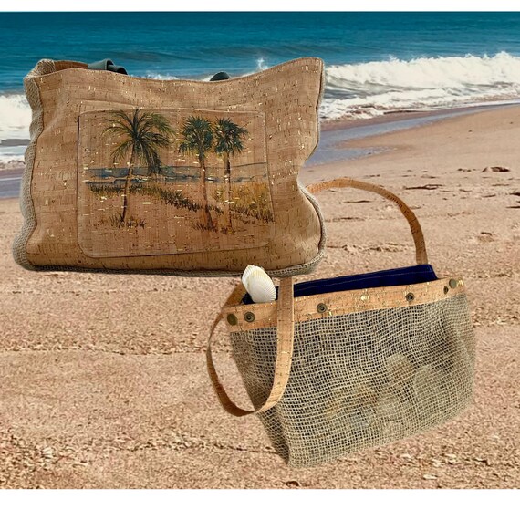 Naturalists Cork Burlap Cotton Canvas Sandless Beach Bags With Snap off Detachable Shell Collecting Bag. Choose From 3 Unique Creations Etsy