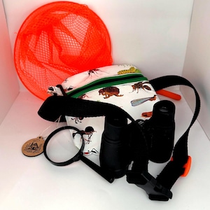 Explorer Gift Set: Handmade Canvas belted Bug Bag, Binoculars, Net and Compass